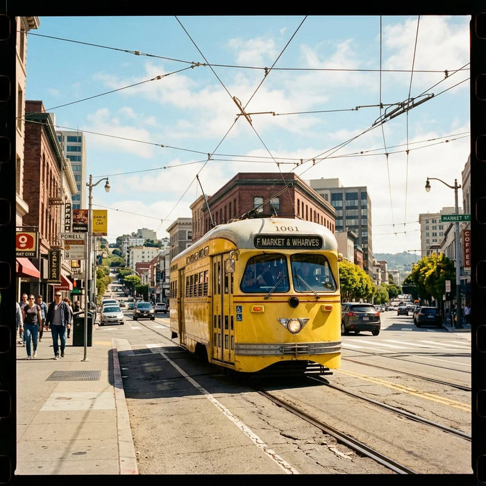Yellow tram on a sunny street edited with the CineStill 400D film preset — warm cinematic daylight
