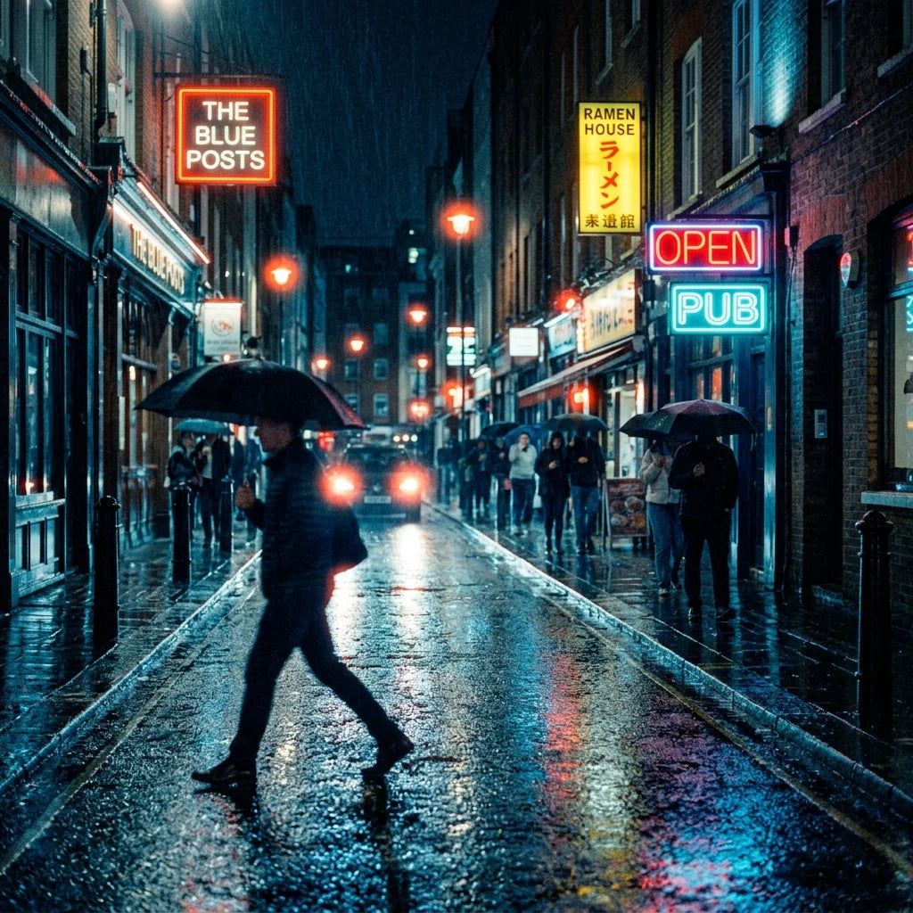 Rainy neon street at night edited with the CineStill 800T film preset — tungsten tones and red halation