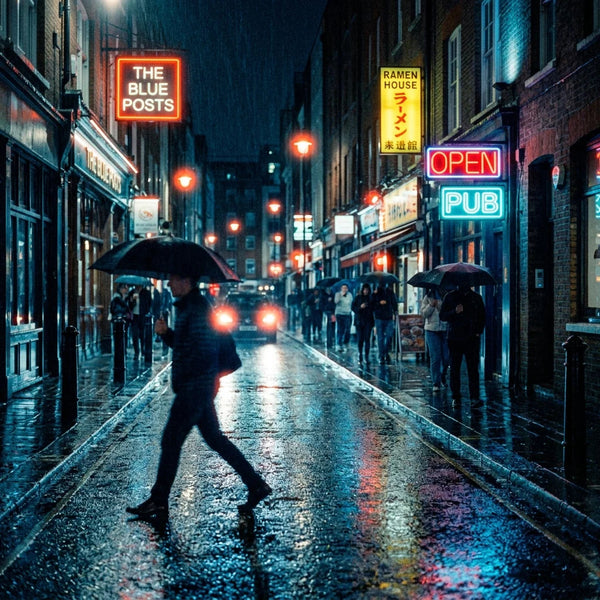 Rainy neon street at night edited with the CineStill 800T film preset — tungsten tones and red halation
