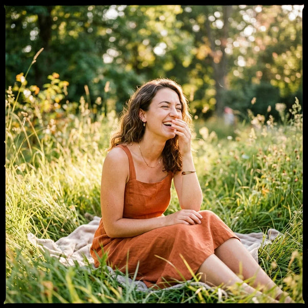 Laughing woman in a sunny meadow edited with the Fuji 200 film preset — rich Fuji greens