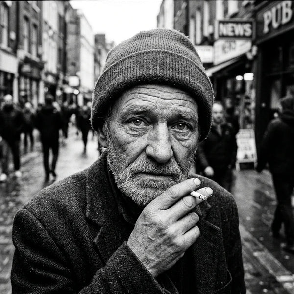 Black and white street portrait edited with the HP5 Plus film preset — classic grain
