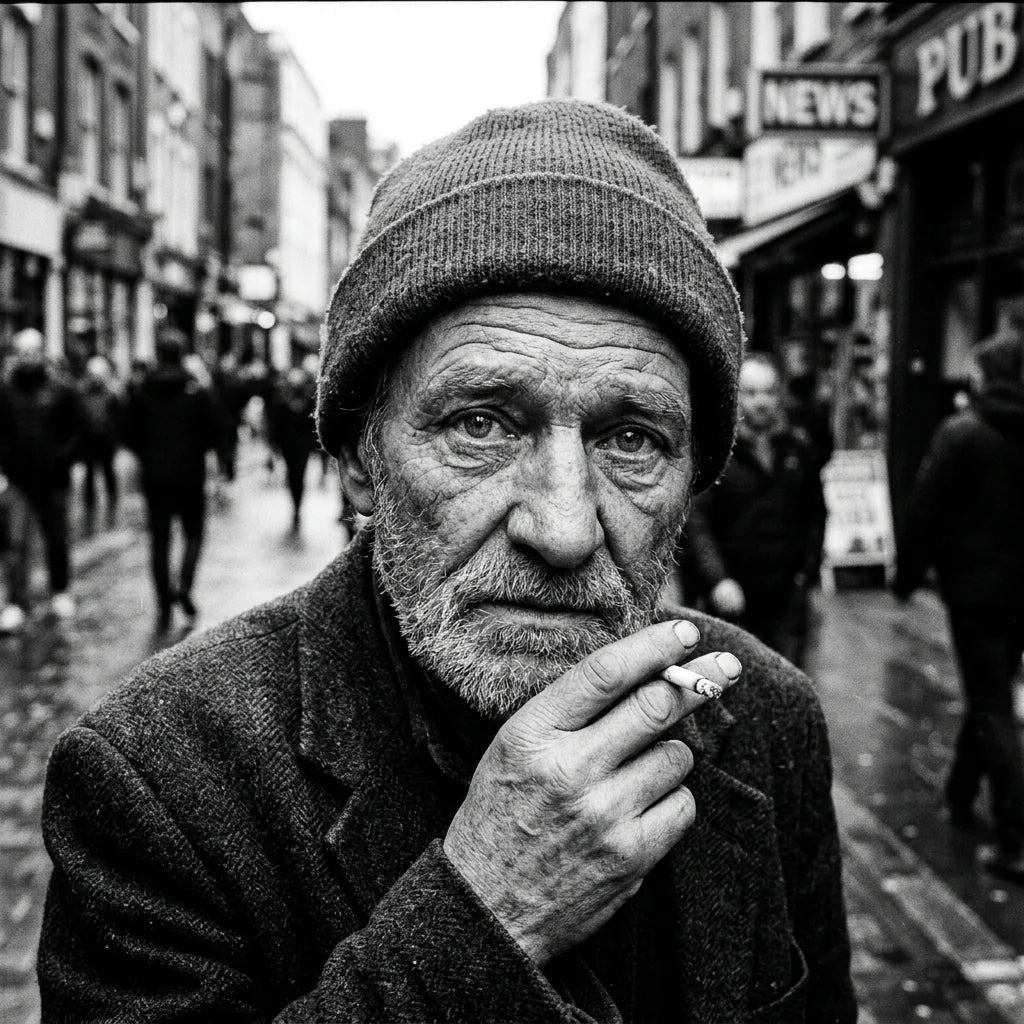 Black and white street portrait edited with the HP5 Plus film preset — classic grain