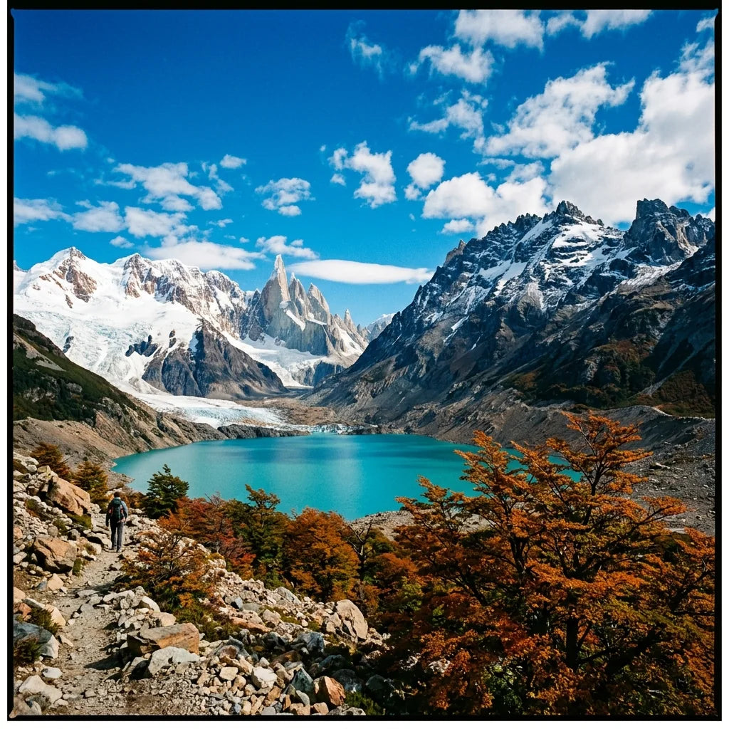 Glacial lake under snowy peaks edited with the Ektar 100 film preset — vivid, saturated colour