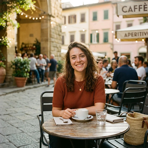 Woman at a café table edited with the Portra 400 film preset — warm, natural skin tones