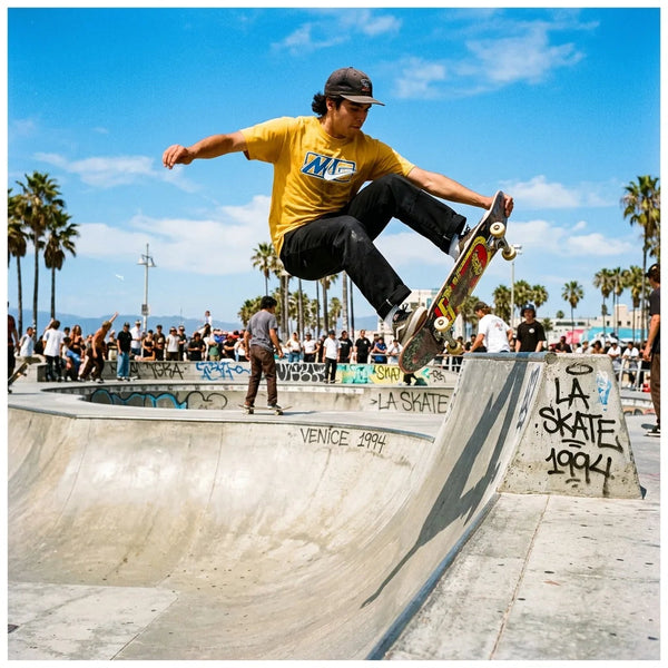 Skateboarder mid-air at Venice Beach edited with the UltraMax 400 film preset — punchy yellows, clean blues