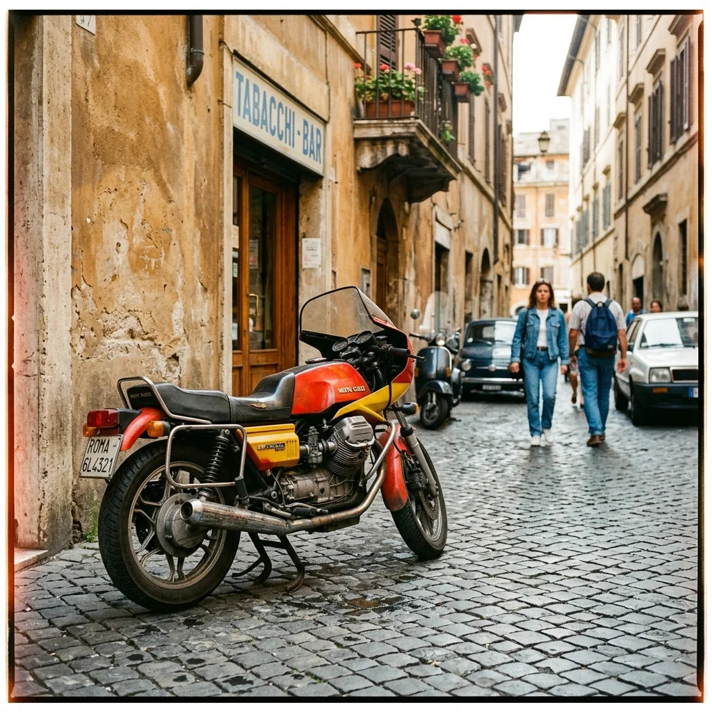 Red motorcycle on a cobbled Italian street edited with the Konica VX Super film preset