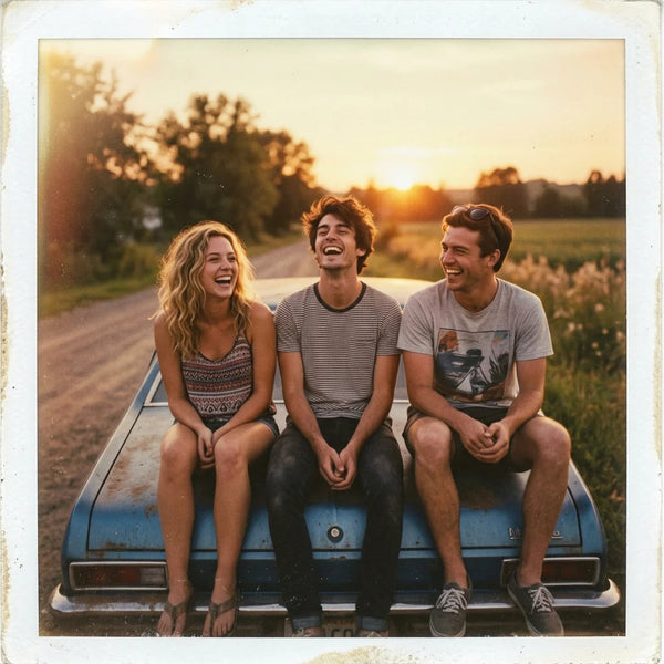 Three friends on a car at sunset edited with the Polaroid 600 preset — faded, warm instant-film look