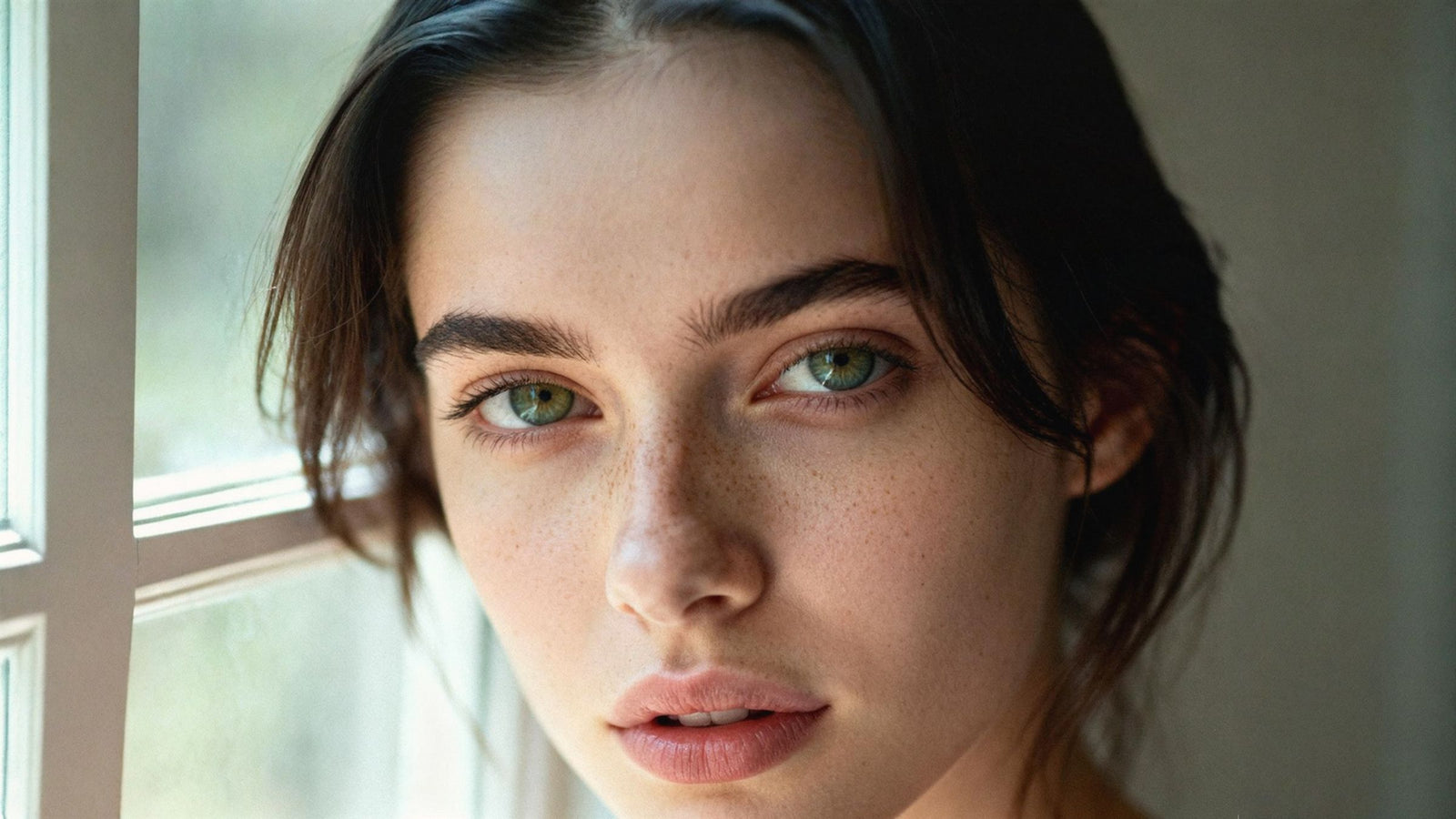 Close-up portrait of a woman with green eyes and freckles